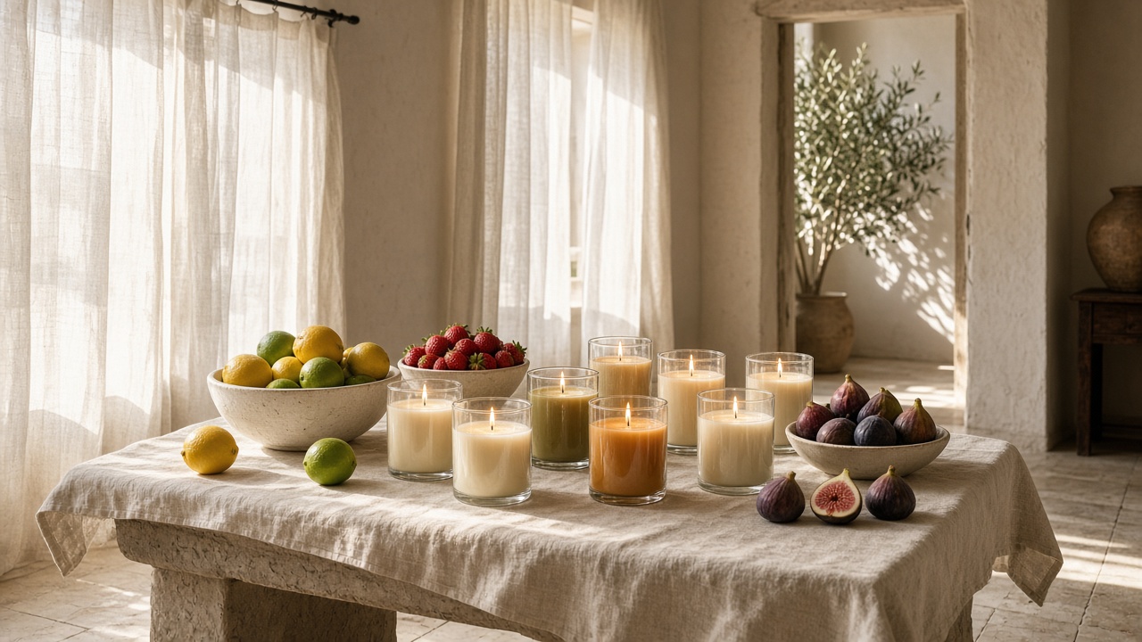 Boutique con velas Quiet Inhale y cuencos de fruta