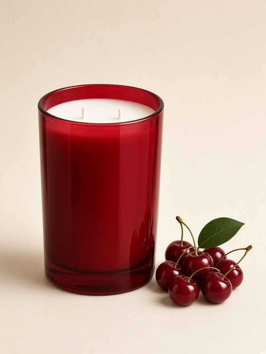 Vela Cereza del Jerte junto a la fruta de su aroma