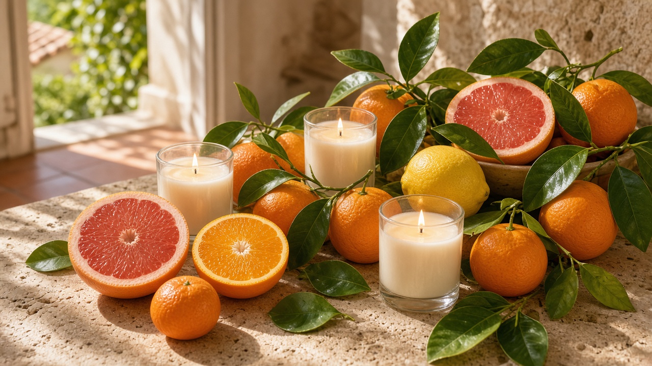 Velas entre naranjas, limones, pomelos y mandarinas