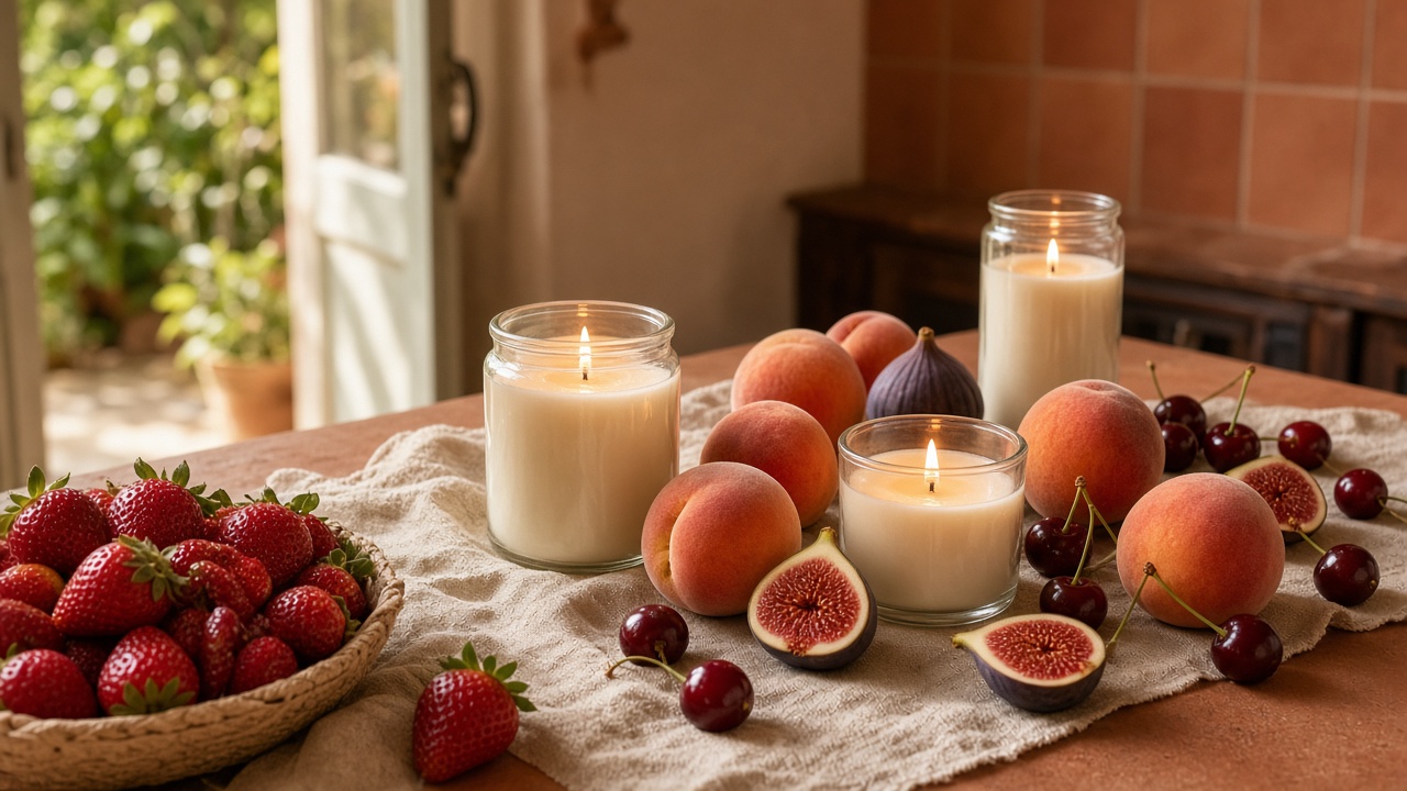 Velas entre fresas, melocotones, higos y cerezas