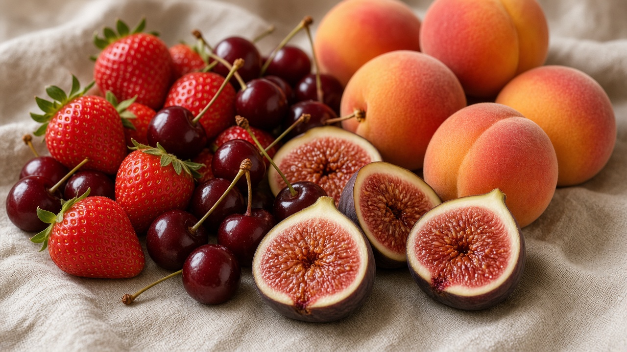 Fresas, cerezas, melocotones e higos sobre lino