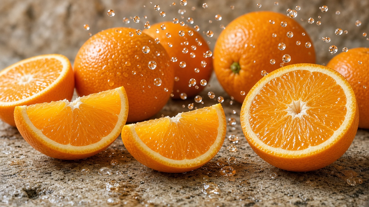 Naranjas de Valencia cortadas, jugosas, sobre piedra