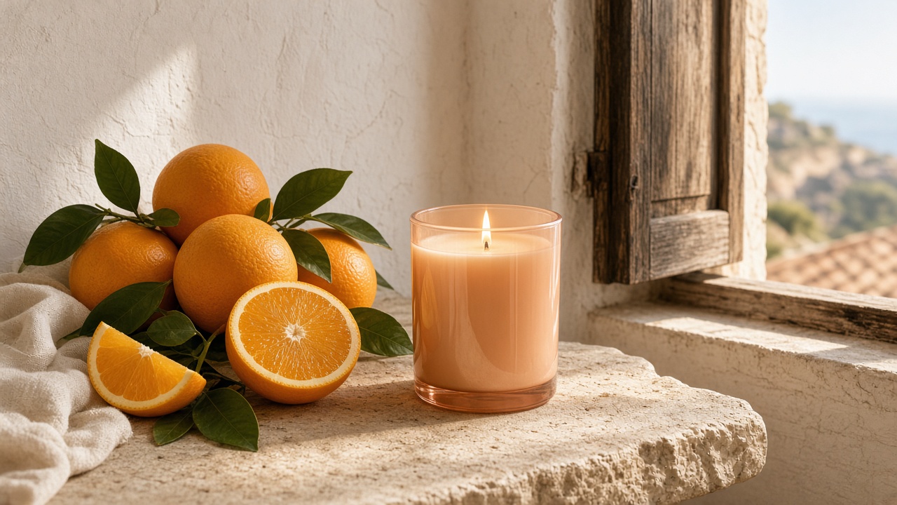 Vela de naranja junto a una ventana, con naranjas de Valencia recién cortadas.