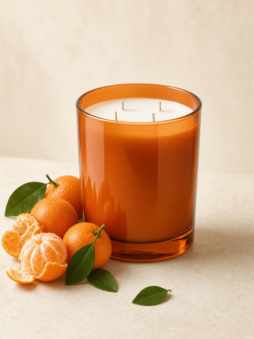 Vela Mandarina Clara junto a la fruta de su aroma