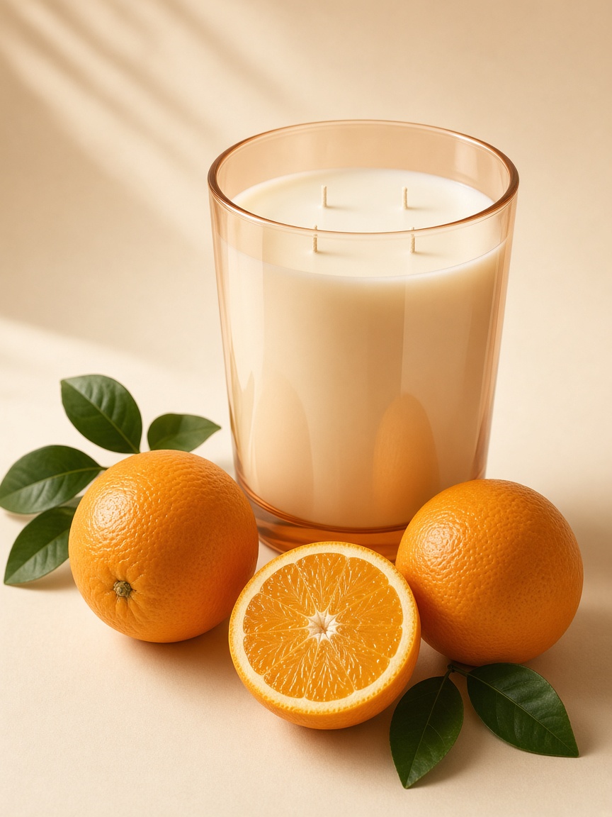 Vela Naranja de Valencia junto a la fruta de su aroma