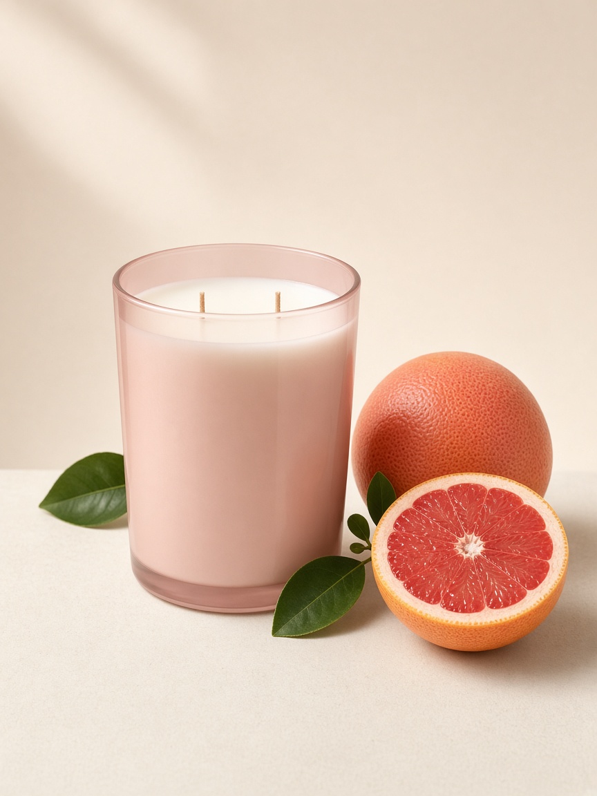 Vela Pomelo Rosa junto a la fruta de su aroma